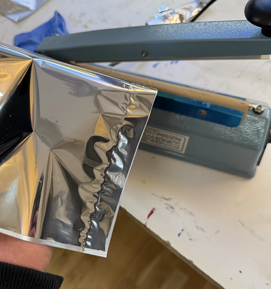 Mylar bag sealed with an impulse sealer.