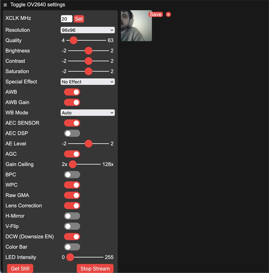 Settings of an IP Camera on a web browser.