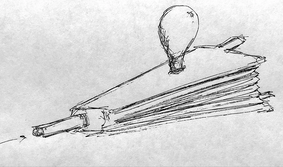 A sketch of bellows filling up a balloon.