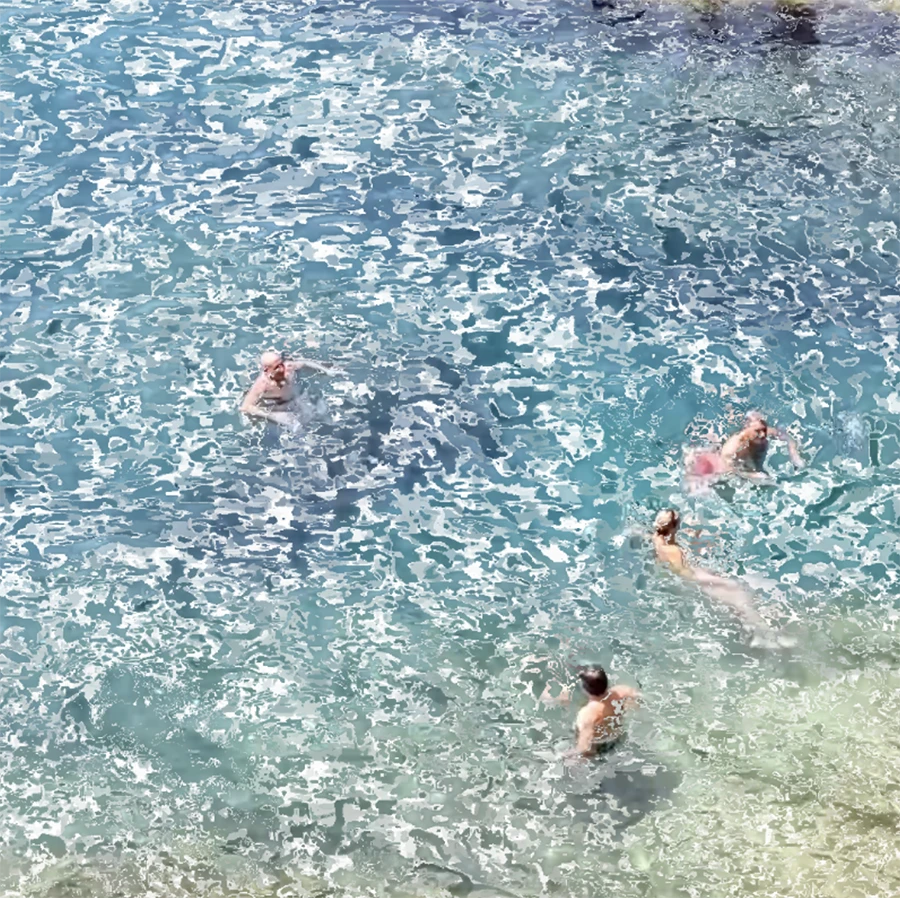 Blotches of color and white in the ocean.