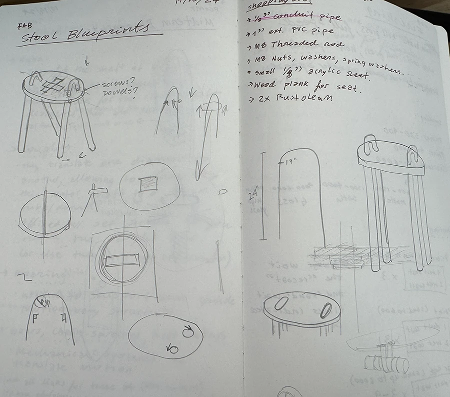 Sketch of a stool with metal tube legs.