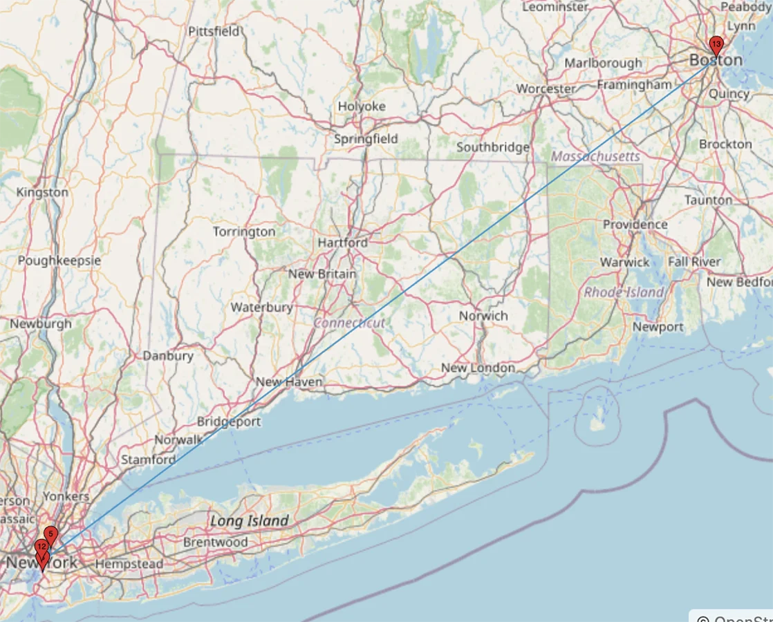 Map connecting lines inside of New York City and to Boston.