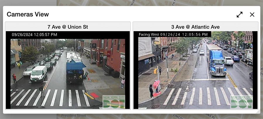 Screenshot of a website showing two photos side by side, each of a different city crosswalk. One reads '7 Ave @ Union St' and the other '3rd Ave @ Atlantic Ave'.